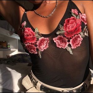 mesh bodysuit with embroidered roses